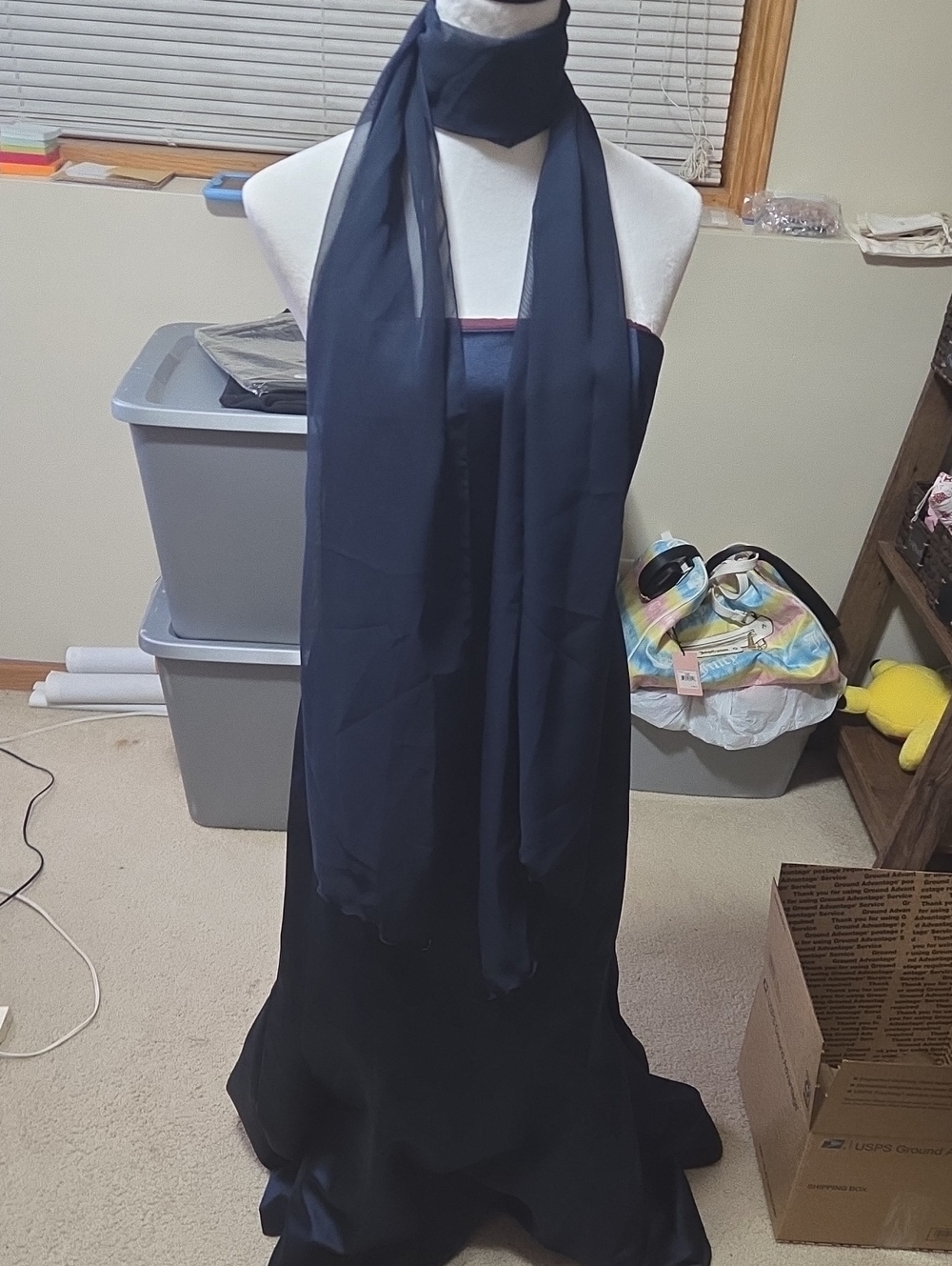 Bari Jay Navy Blue Strapless Formal Gown with Chiffon Scarf